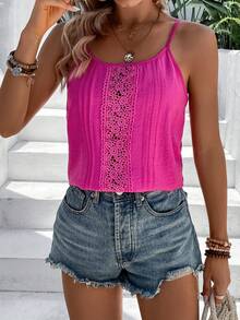 SHEIN Holidaya 拼接水溶蕾絲吊帶上衣 - 玫紅色 - 查看 5