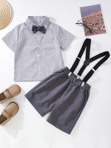 小男童條紋圖案前蝴蝶結襯衫和背帶短褲套裝 - 灰色 - 查看 1