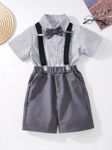 小男童條紋圖案前蝴蝶結襯衫和背帶短褲套裝 - 灰色 - 查看 5