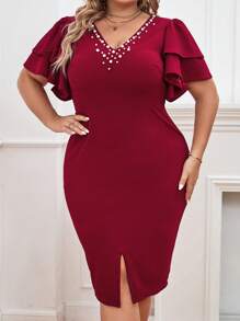 SHEIN Privé Vestido con cuenta de perla de manga mariposa bajo con abertura - Burdeos - Ver 1