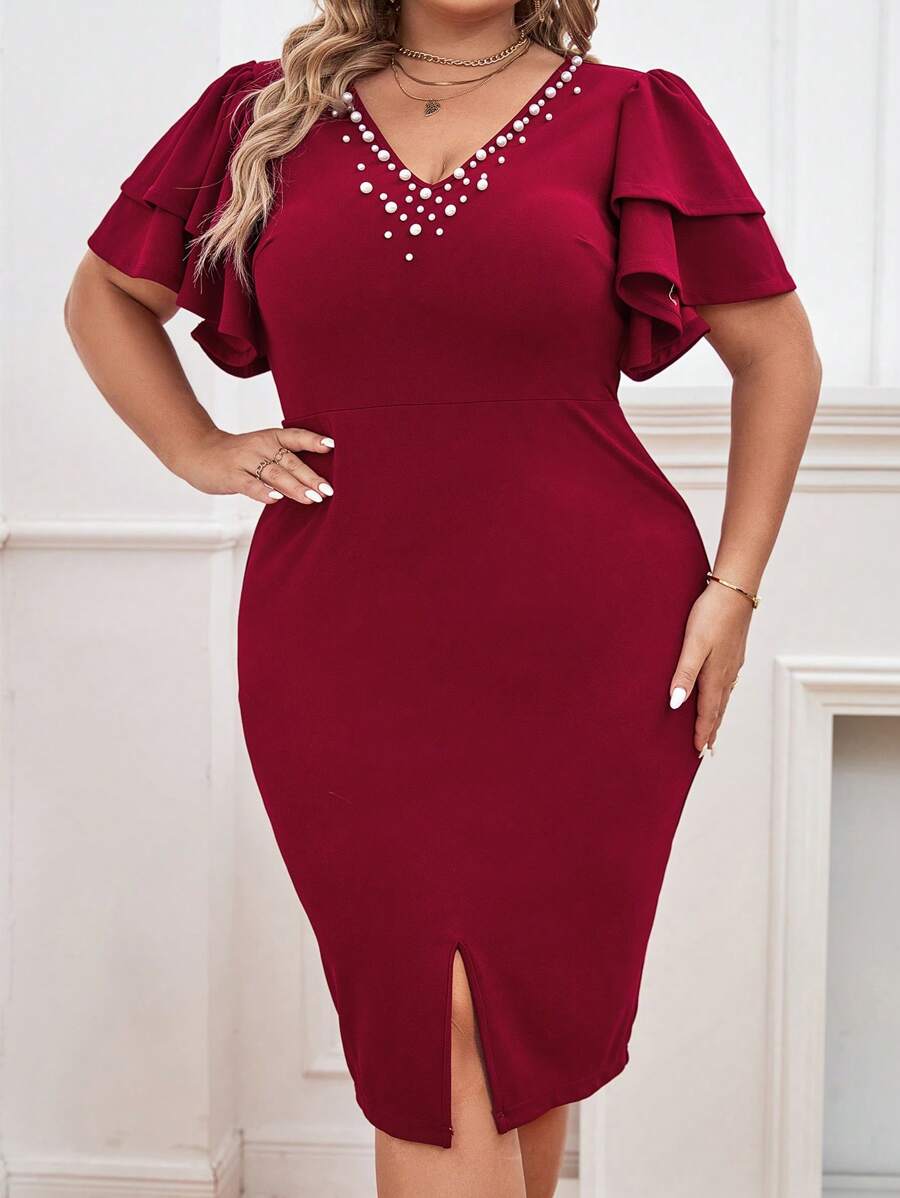 SHEIN Privé Vestido con cuenta de perla de manga mariposa bajo con abertura - Burdeos - Ver 1