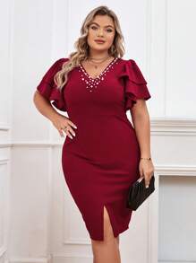 SHEIN Privé Vestido con cuenta de perla de manga mariposa bajo con abertura - Burdeos - Ver 3