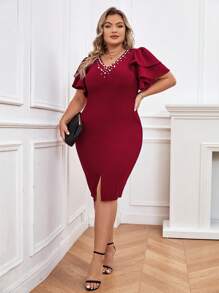 SHEIN Privé Vestido con cuenta de perla de manga mariposa bajo con abertura - Burdeos - Ver 4