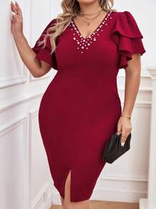 SHEIN Privé Vestido con cuenta de perla de manga mariposa bajo con abertura - Burdeos - Ver 6