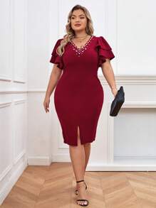 SHEIN Privé Vestido con cuenta de perla de manga mariposa bajo con abertura - Burdeos - Ver 7