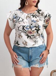 SHEIN Clasi 夏季加大花卉印花蝴蝶袖衬衫 - 白色 - 查看 5