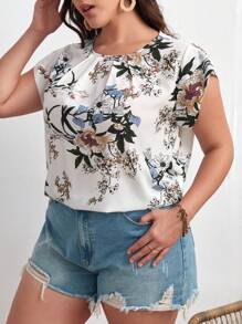 SHEIN Clasi 夏季加大花卉印花蝴蝶袖衬衫 - 白色 - 查看 6
