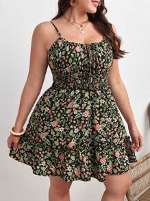 Dreamara 大碼滿版印花荷葉邊吊帶連衣裙 - 黑色 - 查看 5