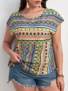 SHEIN LUNE Plus Geo & Floral Print Batwing Sleeve Blouse - Multicolor - View 1