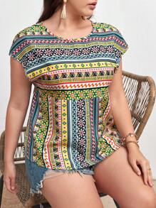 SHEIN LUNE Plus Geo & Floral Print Batwing Sleeve Blouse - Multicolor - View 6