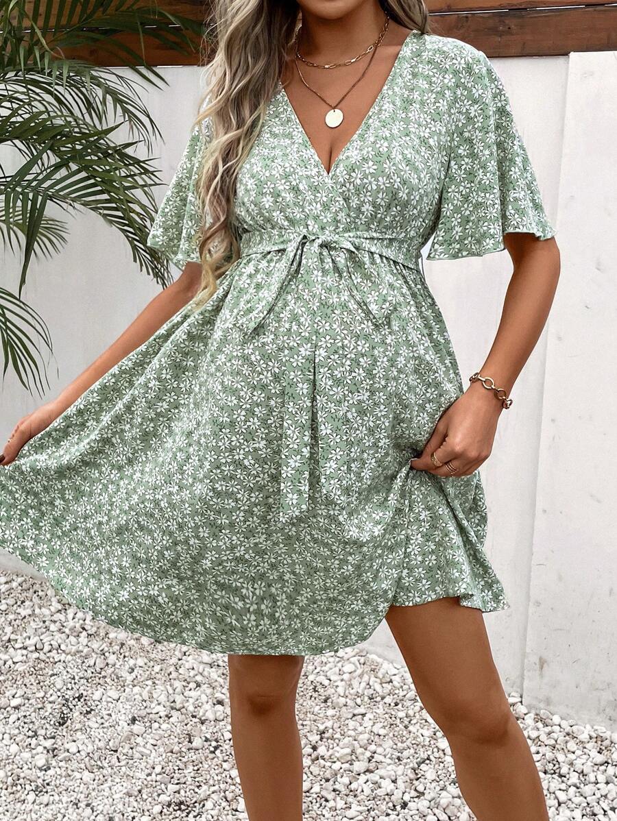 SHEIN Maternity Ditsy Floral Print Butterfly Sleeve Belted Dress - Multicolor - View 1