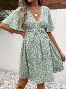 SHEIN Maternity Ditsy Floral Print Butterfly Sleeve Belted Dress - Multicolor - View 6