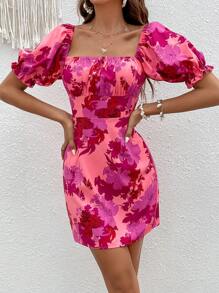 SHEIN VCAY 印花後背繫帶泡泡袖連衣裙 - 玫紅色 - 查看 2