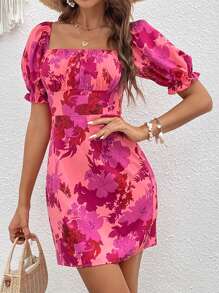 SHEIN VCAY 印花後背繫帶泡泡袖連衣裙 - 玫紅色 - 查看 4