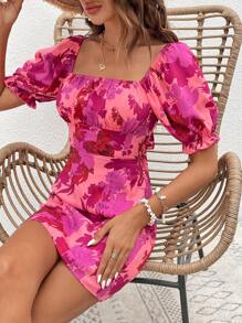 SHEIN VCAY 印花後背繫帶泡泡袖連衣裙 - 玫紅色 - 查看 6