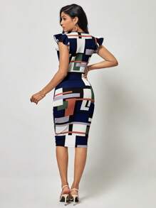 SHEIN Clasi 幾何印花荷葉邊緊身洋裝 - 彩色 - 查看 2