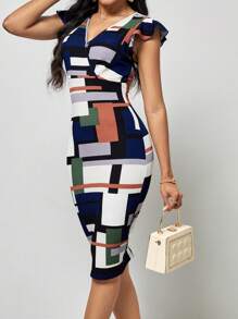 SHEIN Clasi 幾何印花荷葉邊緊身洋裝 - 彩色 - 查看 6