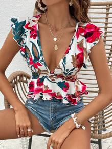 SHEIN VCAY Áo thun nữ Xù Viên lá sen phân lớp Hoa Giải trí - Nhiều màu - Xem 1