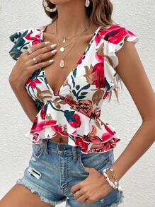 SHEIN VCAY Áo thun nữ Xù Viên lá sen phân lớp Hoa Giải trí - Nhiều màu - Xem 6