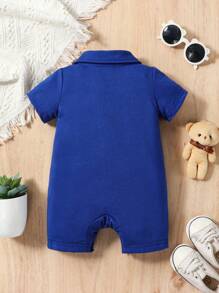 SHEIN Bé trai sơ sinh Bản vá Gấu Chi tiết Cổ Polo Romper - Màu xanh hải quân - Xem 2