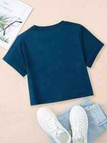 SHEIN EZwear 狗狗和標語圖案T恤 - 藏蓝色 - 查看 2