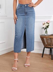 Split Thigh Denim Skirt - Medium Wash - View 1
