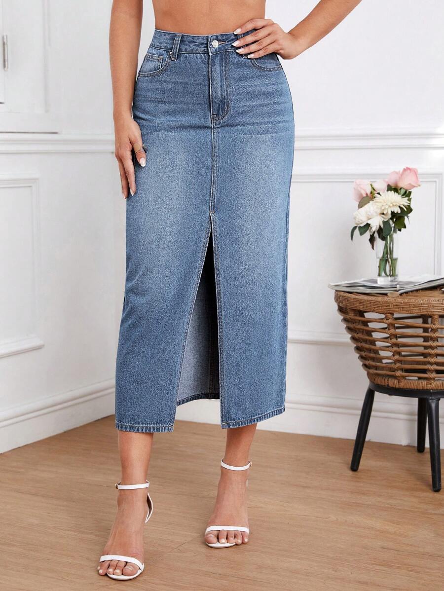 Split Thigh Denim Skirt - Medium Wash - View 1