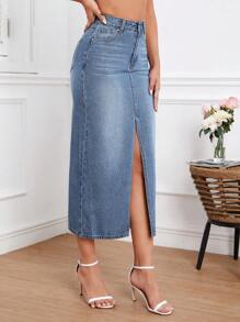 Split Thigh Denim Skirt - Medium Wash - View 5