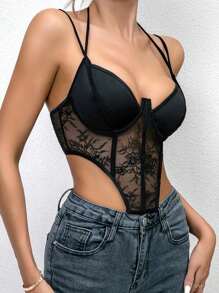 Allurite 蕾絲拼接不對稱下擺吊帶上衣 - 黑色 - 查看 3