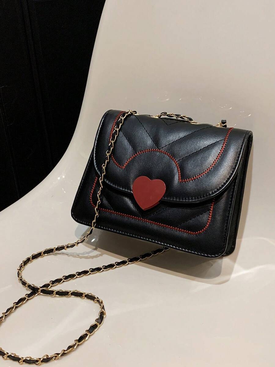 Túi Vuông Mini Trang Trí Trái Tim Chi Tiết Chần Bông Dây Xích Thời Trang - màu đen - Xem 1