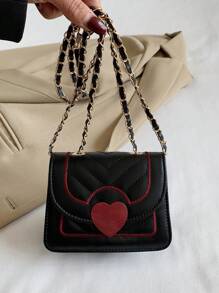 Túi Vuông Mini Trang Trí Trái Tim Chi Tiết Chần Bông Dây Xích Thời Trang - màu đen - Xem 3