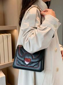 Túi Vuông Mini Trang Trí Trái Tim Chi Tiết Chần Bông Dây Xích Thời Trang - màu đen - Xem 5