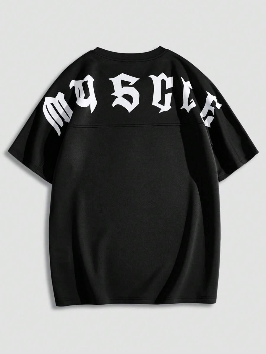 Manfinity Roghcode 男士字母图案T恤，2000年代风格 - 黑色 - 查看 1