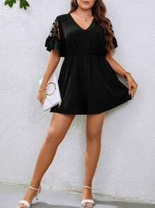 SHEIN Clasi 大碼網紗拼接荷葉袖連身短褲 - 黑色 - 查看 5