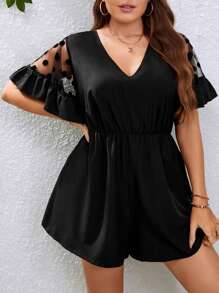 SHEIN Clasi 大碼網紗拼接荷葉袖連身短褲 - 黑色 - 查看 6