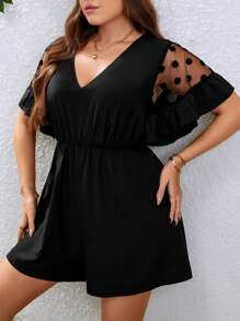 SHEIN Clasi 大碼網紗拼接荷葉袖連身短褲 - 黑色 - 查看 7