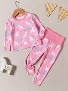 Baby Girl Unicorn & Heart Print Snug Fit PJ Set - Pink - View 1