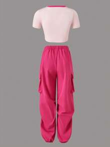SHEIN Explorewe Teen Girls Tricou cu inimă și litere și pantaloni cargo cu buzunar cu clapă - Roz - Vizualizare 2