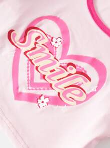 SHEIN Explorewe Teen Girls Tricou cu inimă și litere și pantaloni cargo cu buzunar cu clapă - Roz - Vizualizare 4