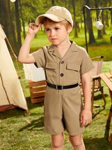 SHEIN 小男童翻蓋口袋腰帶襯衫連體短褲