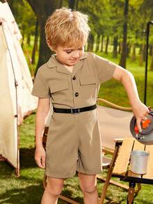 SHEIN 小男童翻蓋口袋腰帶襯衫連體短褲