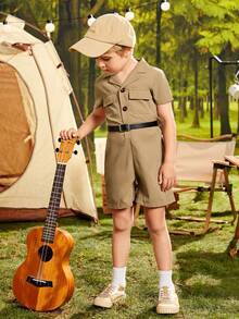 SHEIN 小男童翻蓋口袋腰帶襯衫連體短褲