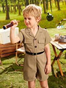 SHEIN 小男童翻蓋口袋腰帶襯衫連體短褲