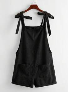 SHEIN LUNE 大碼肩部打結補丁口袋連身短褲 - 黑色 - 查看 1