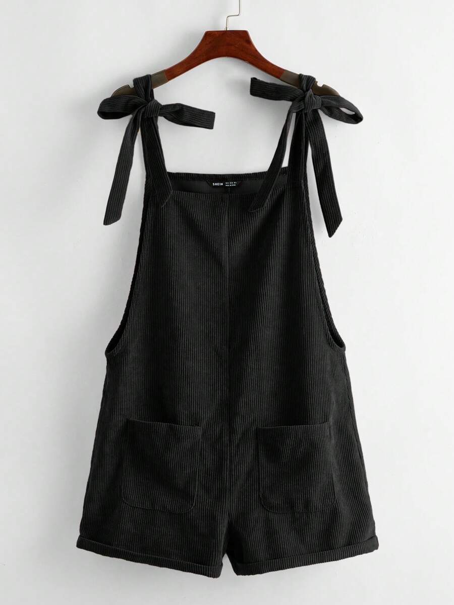 SHEIN LUNE 大碼肩部打結補丁口袋連身短褲 - 黑色 - 查看 1