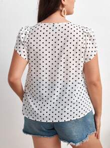 SHEIN Clasi Plus Polka Dot Petal Sleeve Blouse, Summer - White - View 3