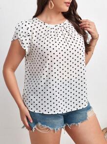 SHEIN Clasi Plus Polka Dot Petal Sleeve Blouse, Summer - White - View 4