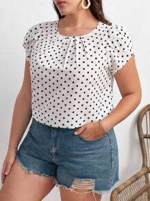 SHEIN Clasi Plus Polka Dot Petal Sleeve Blouse, Summer - White - View 1