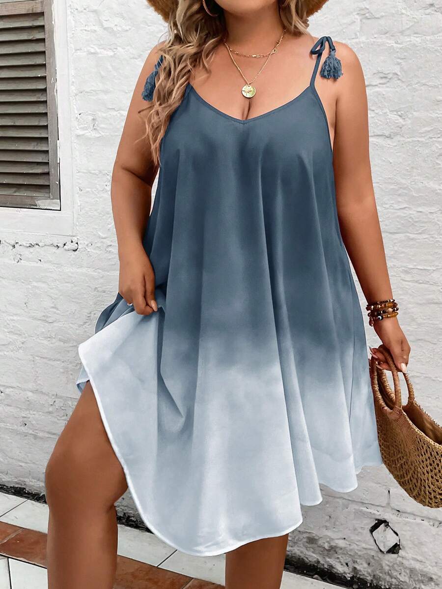 SHEIN VCAY Váy hai dây buộc vai Boho Ombre cỡ lớn, cho mùa hè - Màu xanh bụi bặm - Xem 1