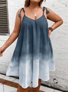 SHEIN VCAY Váy hai dây buộc vai Boho Ombre cỡ lớn, cho mùa hè - Màu xanh bụi bặm - Xem 3